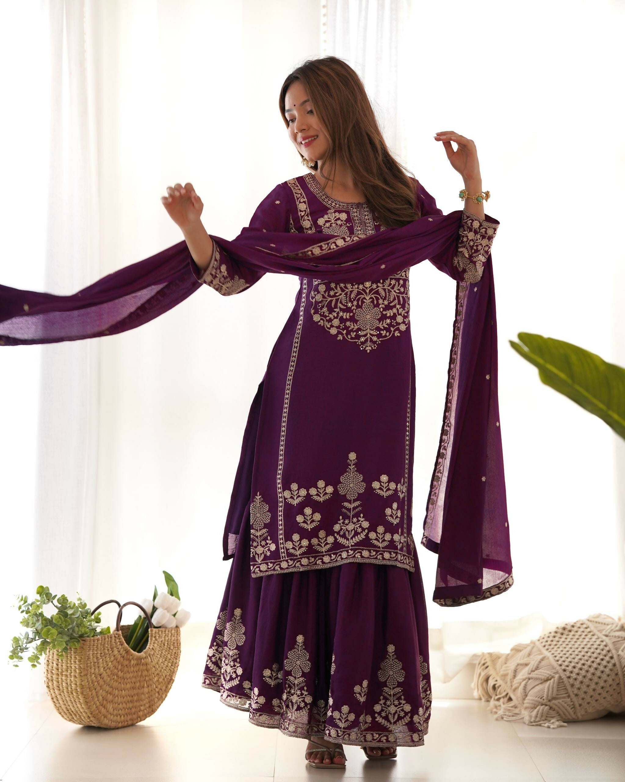 Teeya Creation Purple Color Chinon Silk Embroidery Work Wedding Wear Palazzo Set - Distacart