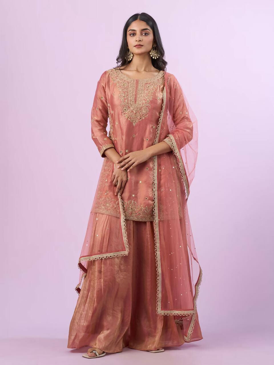 Teeya Creation New latest Trending Embroidery Siqunce And Daimond Hand Work Kurta Palazzo Set - Peach