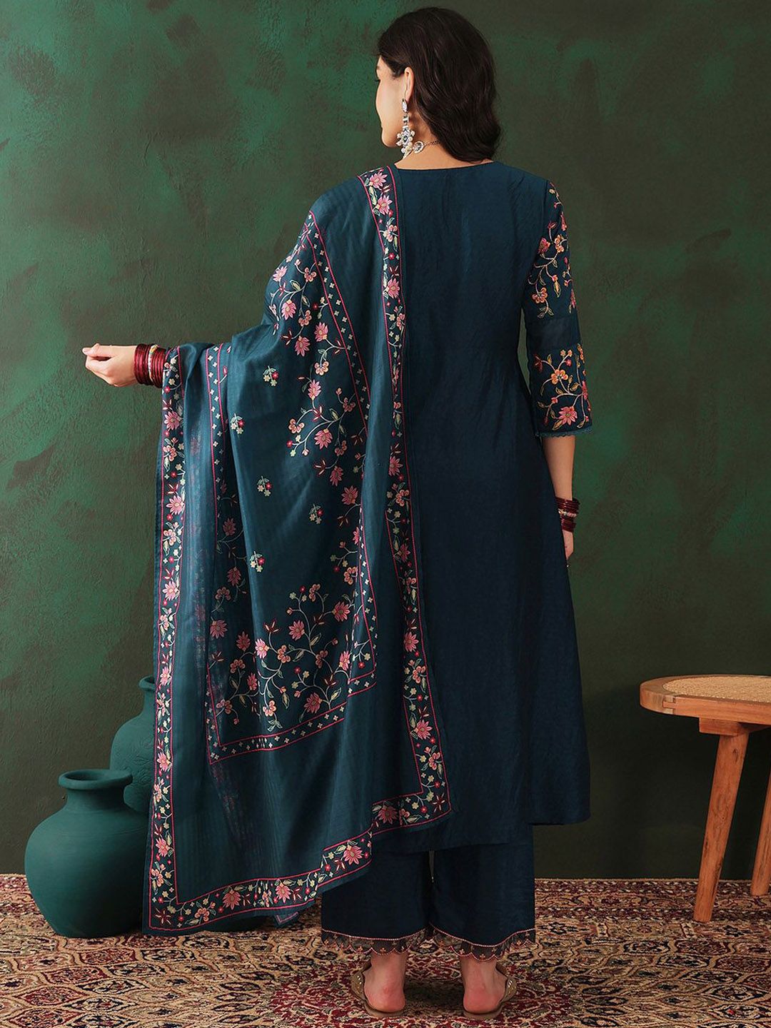 Sangria Floral Embroidered A-Line Kurta & Trousers With Dupatta - Distacart