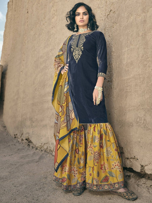 Aastha Fashion Women's Navy Blue Velvet Embroidered Kurta with Trouser & Dupatta - Distacart