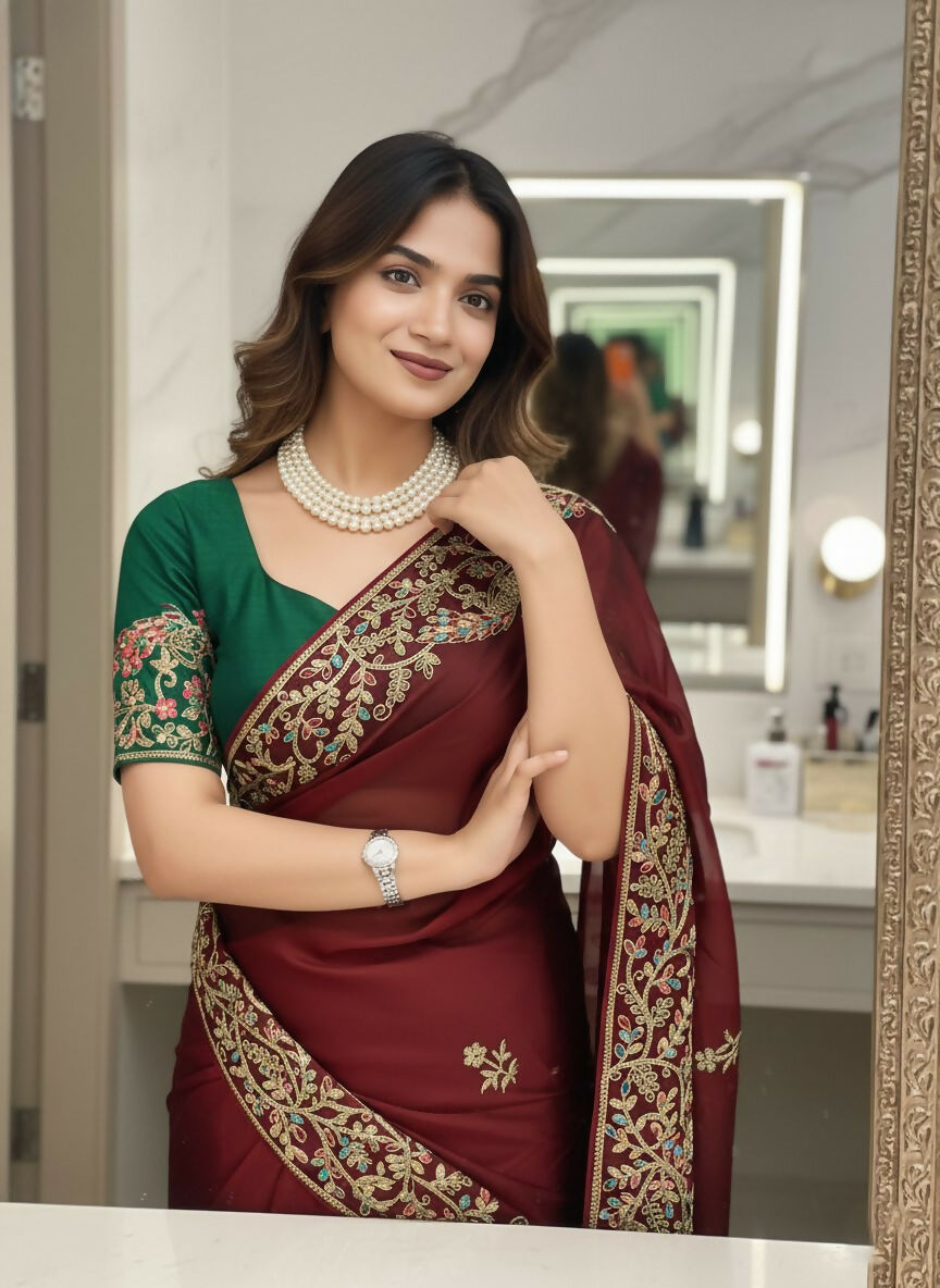Teeya Creation Womens New Fancy Embroidery Work Saree-Maroon - Dista
