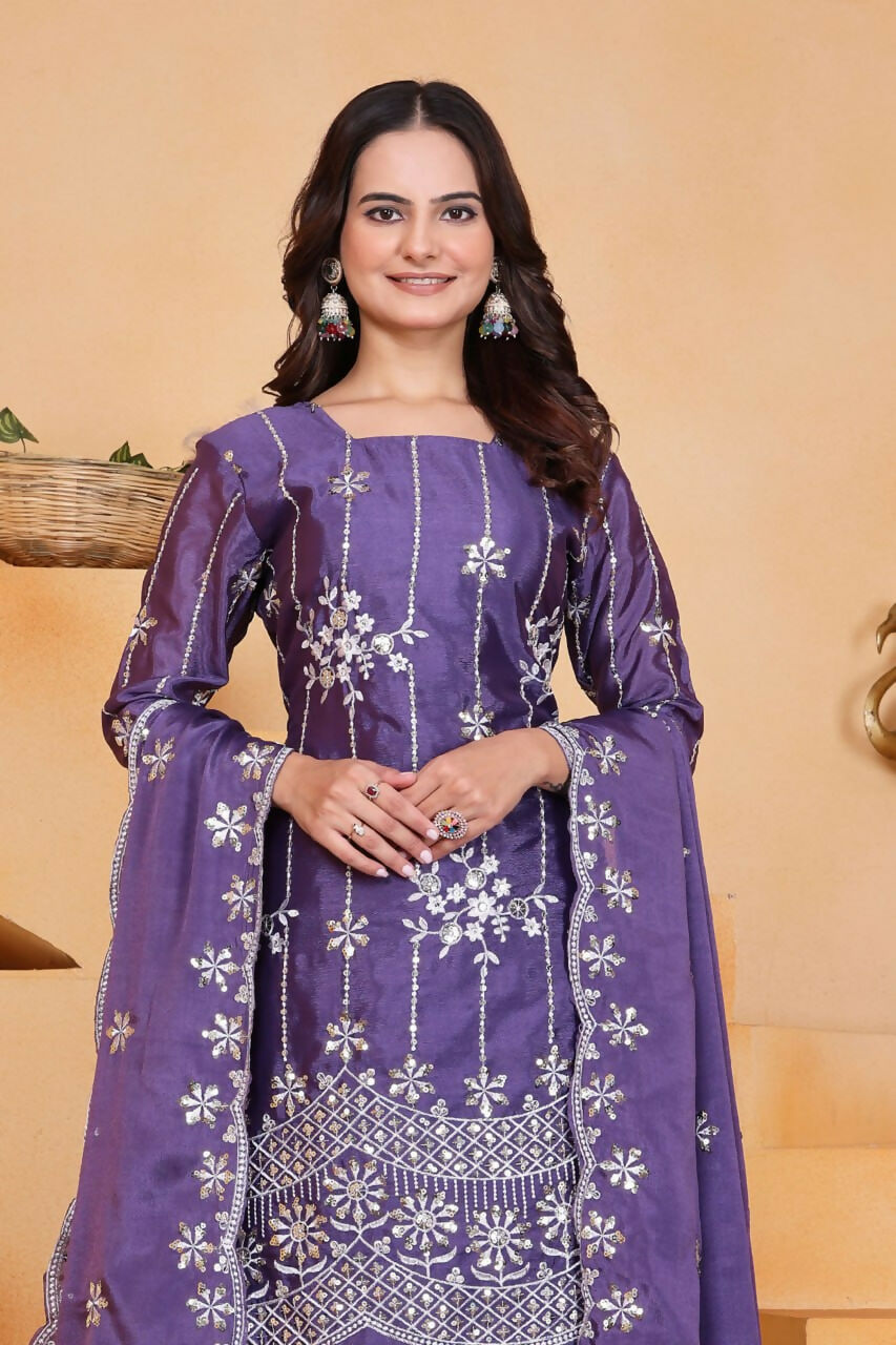 Joban Fashion Purple Silk Embroidered Sharara Set - Distacart