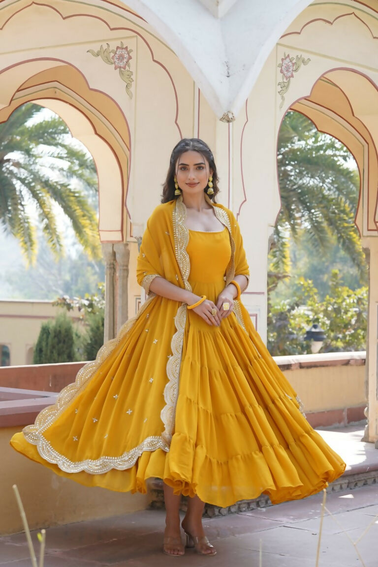 Aastha Fashion Women's Yellow Faux Georgette 5 Layer Frill Work Anarkali Dress with Dupatta - Distacart