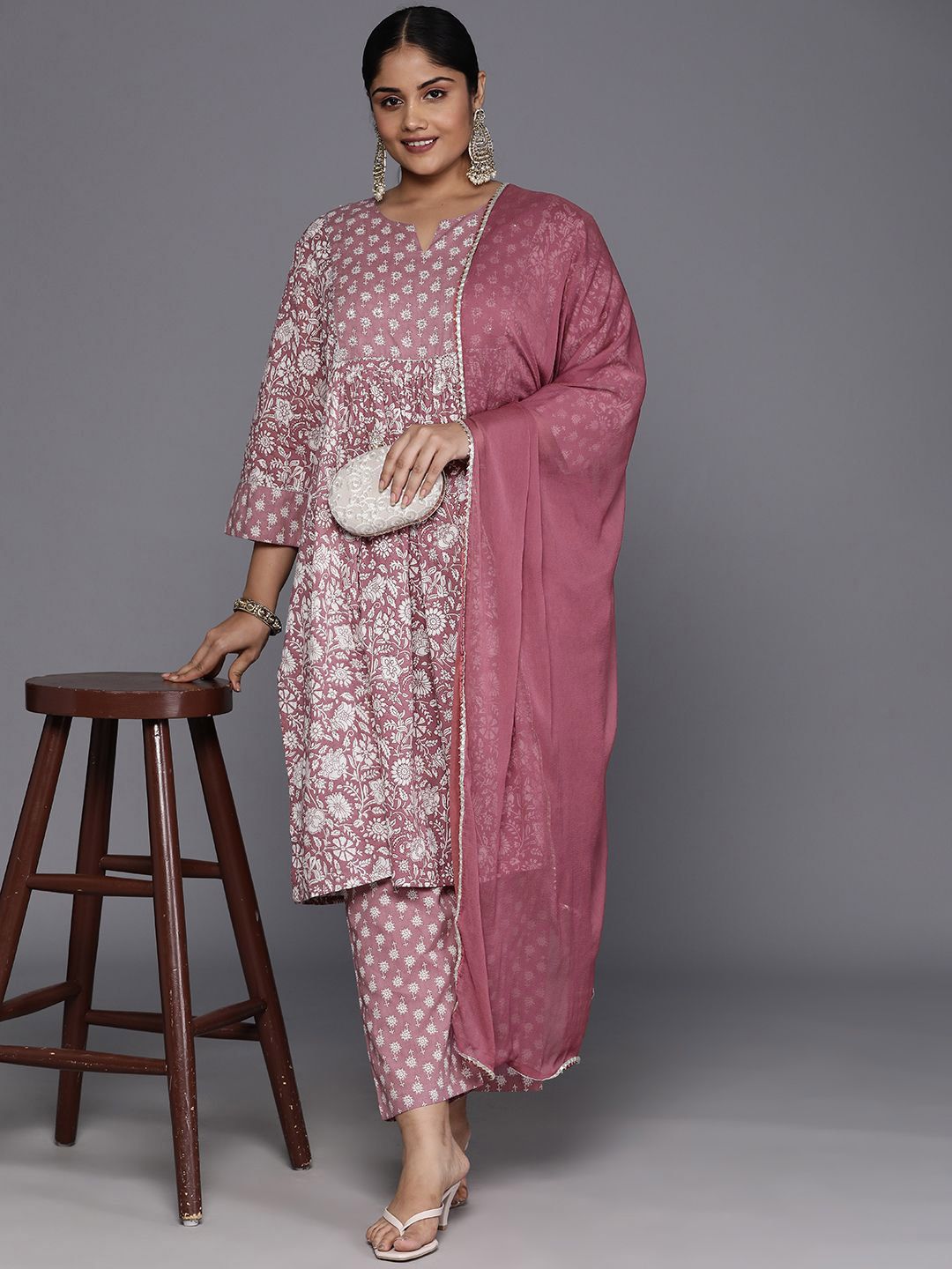Sztori Plus Size Floral Printed Sequinned Pure Cotton A Line Kurta & Trousers With Dupatta - Distacart