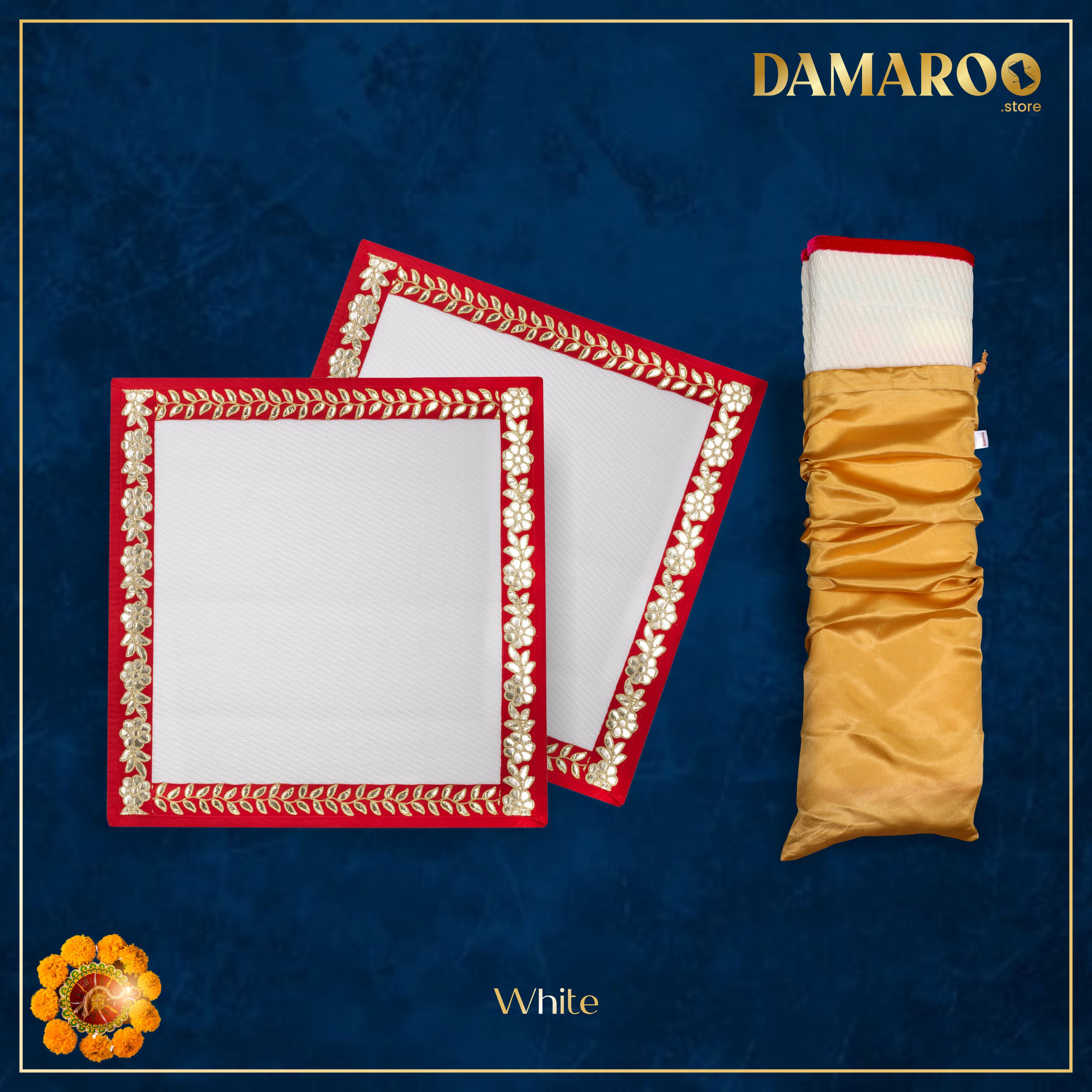 Damaroo Set of 2 | 2x2 ft | Classic Nylon Pooja Aasan | Red Gotapatti Border - White - Distacart