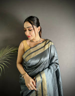 Thumbnail for Joban Fashion Dark Grey Woven Pattern Raw Silk Kanjivaram Silk Saree - Distacart