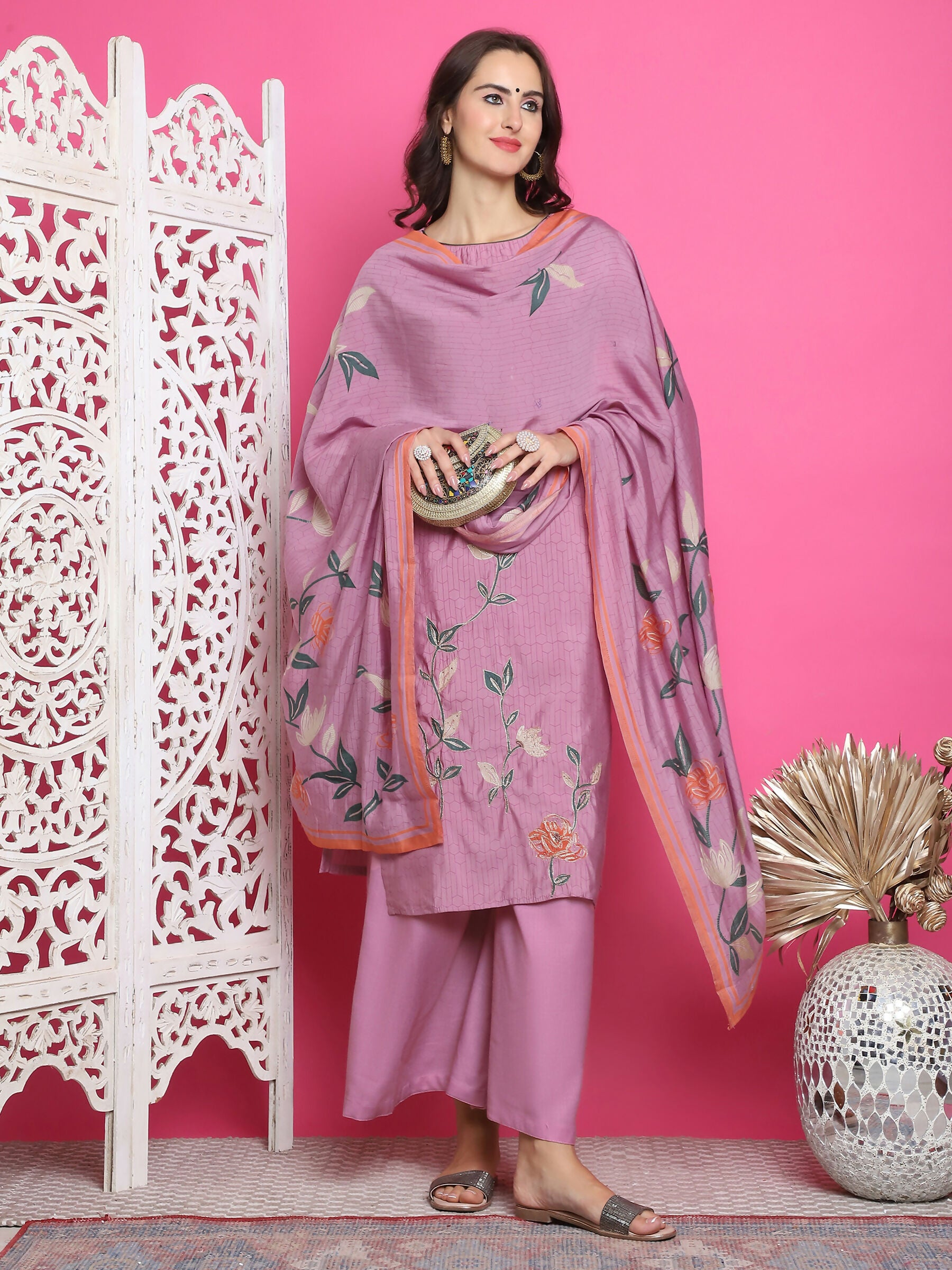 Jyoti Fashion Women's Purple Muslin Floral Print with Jari & Crystal work Kurta with Trouser & Dupatta - Distacart