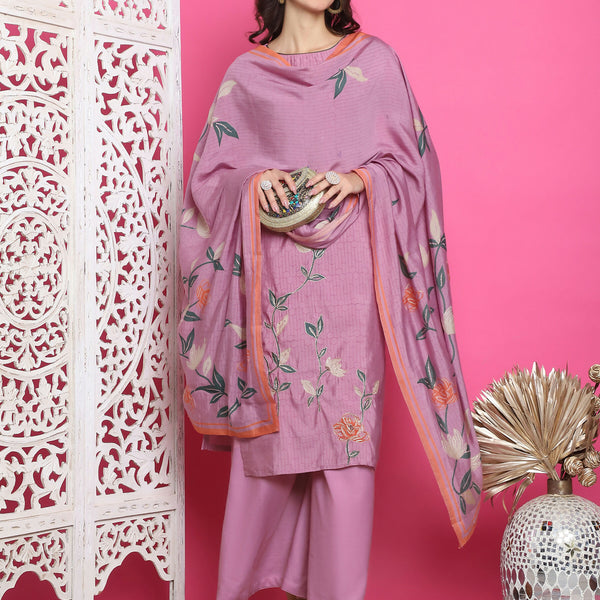 Jyoti Fashion Women's Purple Muslin Floral Print with Jari & Crystal work Kurta with Trouser & Dupatta - Distacart
