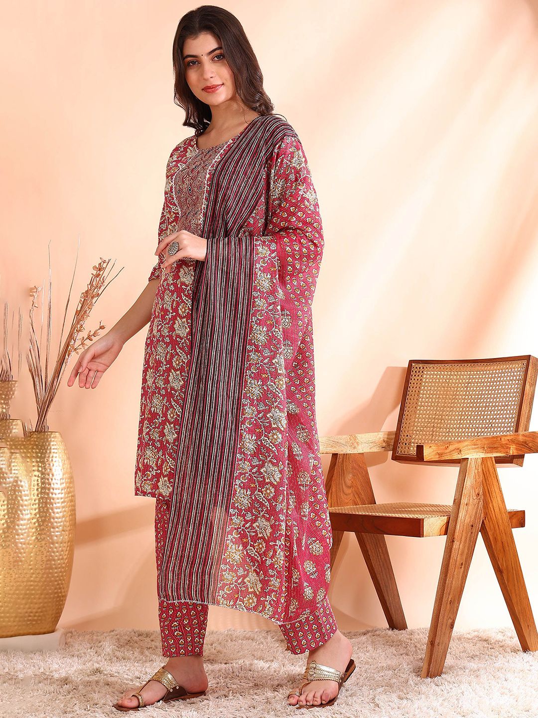 Ode by House of Pataudi Printed Mirror Work Pure Cotton Kurta With Trousers & Dupatta - Distacart