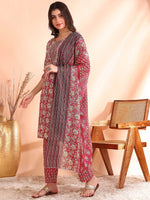 Thumbnail for Ode by House of Pataudi Printed Mirror Work Pure Cotton Kurta With Trousers & Dupatta - Distacart