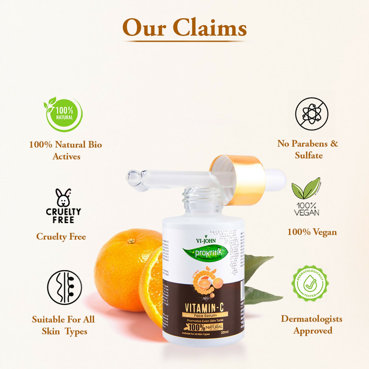 VI-JOHN Prakritik Vitamin C Face Serum Brightening, Anti-Aging & Glowing Skin, 100% Bio-Actives