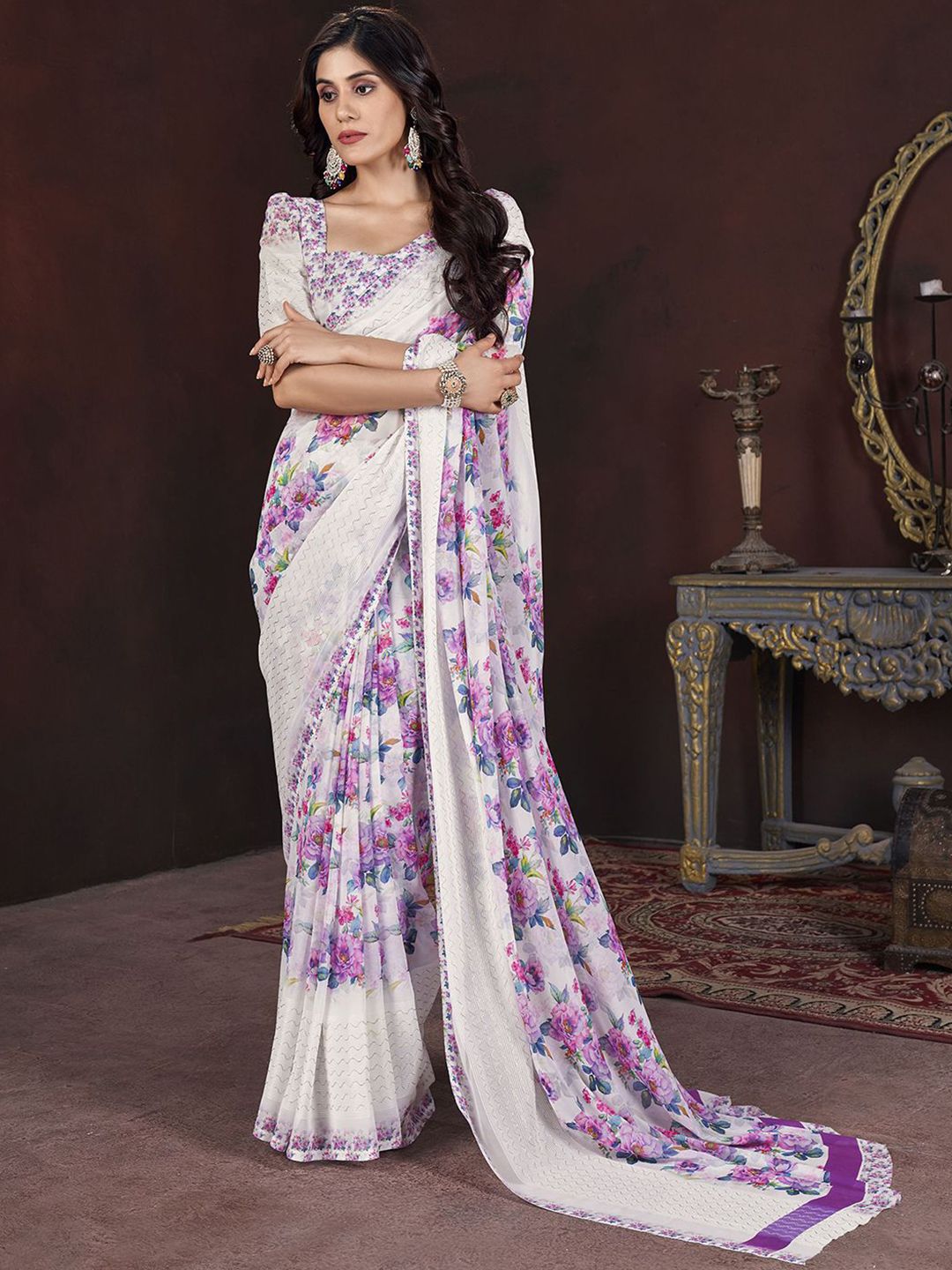 Mitera Floral Printed Pure Georgette Saree - Distacart