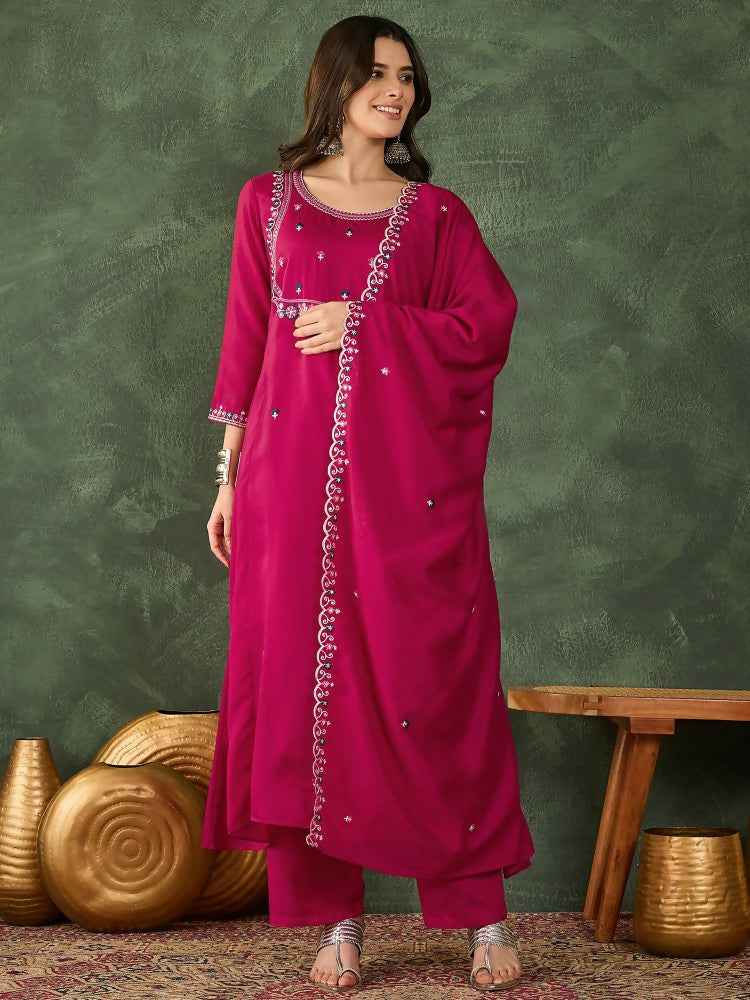 The52 Women's Gorgeous Embroidery Work Vichitra SIlk Fabric Flared Kurta Pant and Dupatta Set - Dista