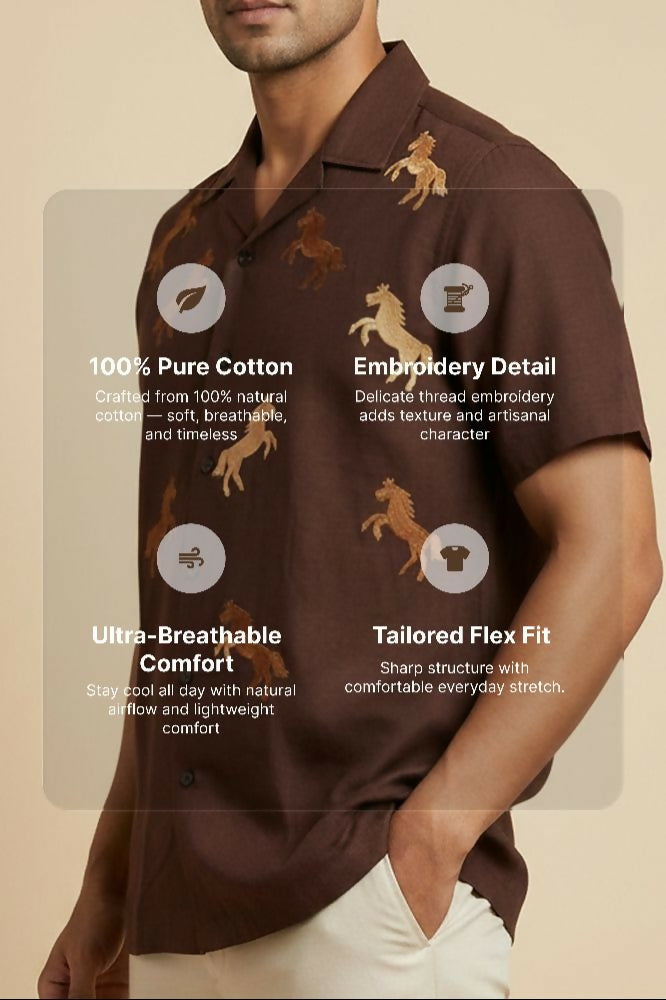 Galloping — Brown Horse Embroidered Cotton Shirt by Hilo Design - Dista