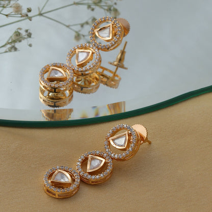 3 Tier Round Diamond and Kundan Earrings (Gold) - Ruby Raang - Distacart