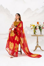 Thumbnail for Vastranavya Red Floral Print with Lace Border work Chiffon Saree & Unstitched Blouse - Distacart
