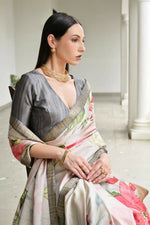 Thumbnail for Vishnu Weaves Women's Grey Satin Silk Printed Saree with Blouse