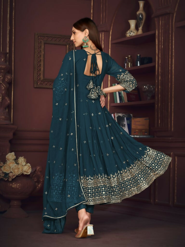 Jyoti Fashion Women's Rama Georgette Embroidered Anarkali Kurta Pant Set With Dupatta - Distacart