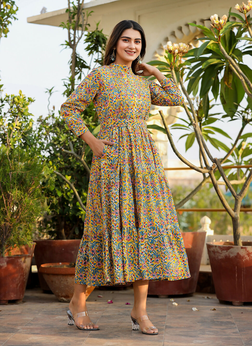 Kaajh Women's Yellow Floral Handblock Print Cotton Dress - Distacart