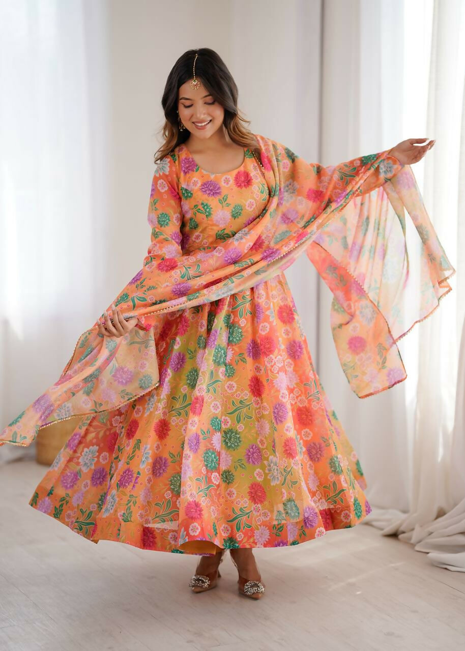 Teeya Creation Orange Soft Organza Digital Printed Party Wear Long Gown - Distacart