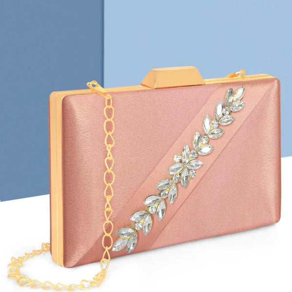 Joban Fashion Luxurious Satin Evening Clutch With Detachable Chain Strap - Light Pink - Dista