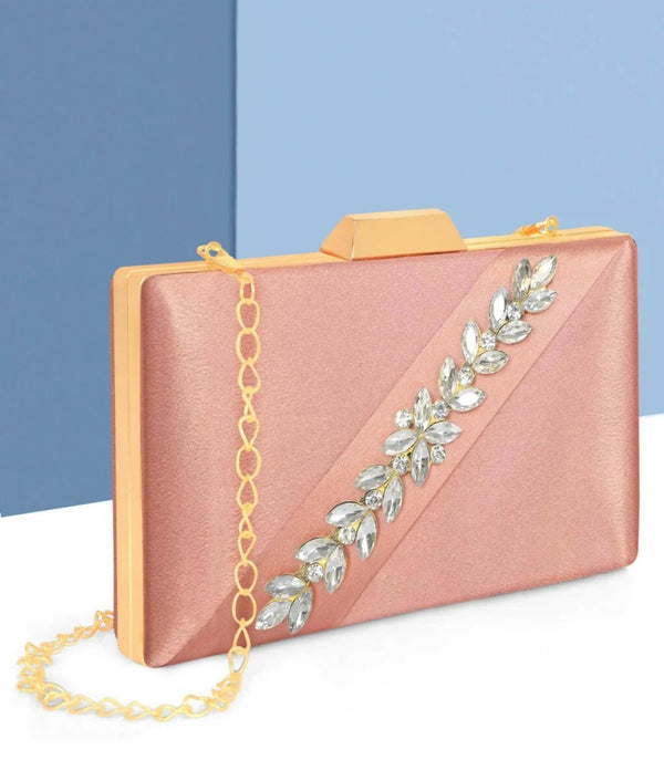 Joban Fashion Luxurious Satin Evening Clutch With Detachable Chain Strap - Light Pink