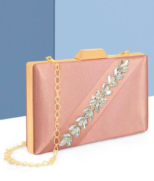Joban Fashion Luxurious Satin Evening Clutch With Detachable Chain Strap - Light Pink
