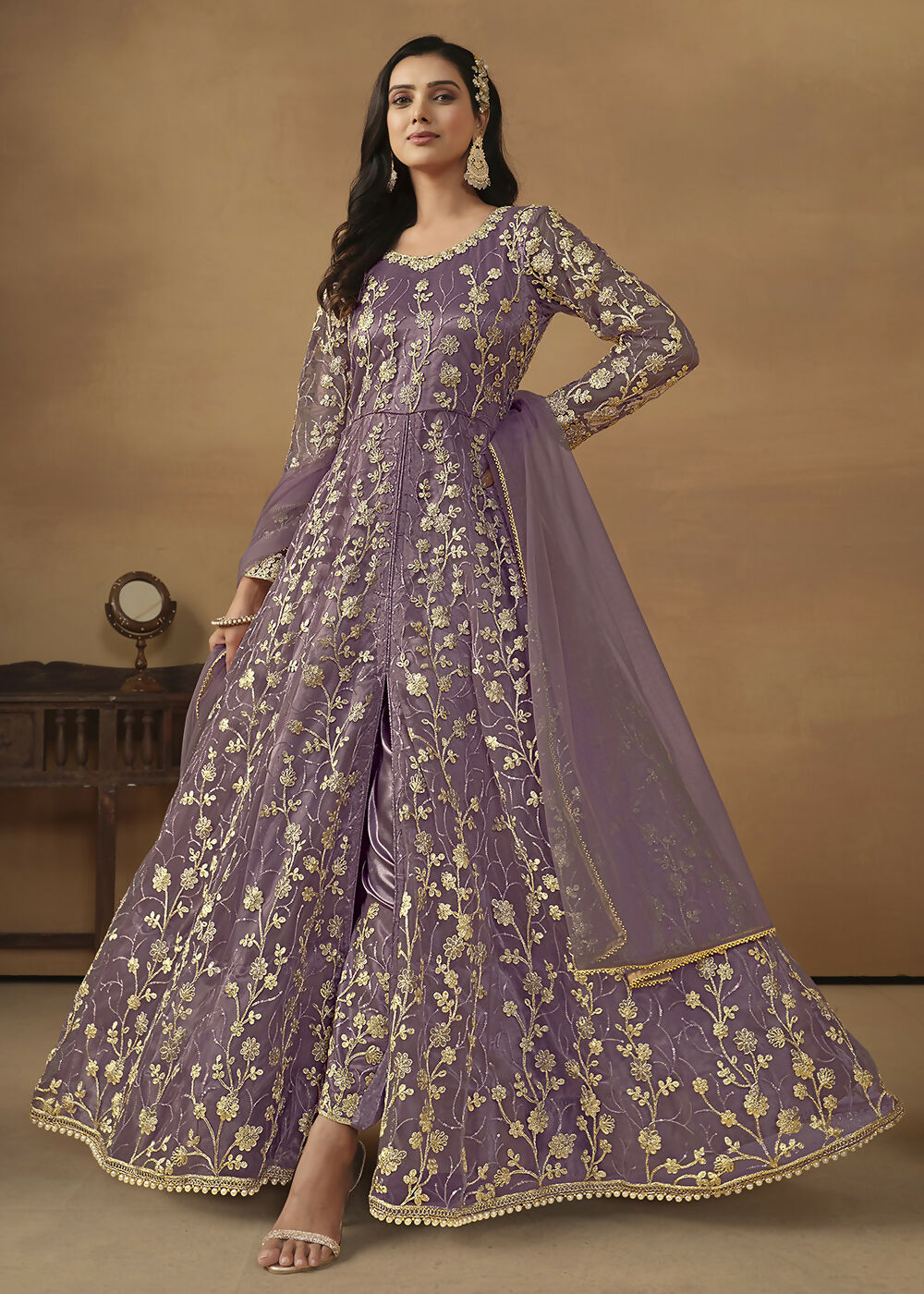 Pant Style Purple Embroidered Net Wedding Anarkali Suit - Emponline - Distacart