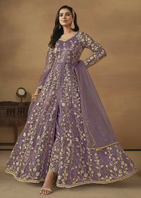 Thumbnail for Pant Style Purple Embroidered Net Wedding Anarkali Suit - Emponline - Distacart