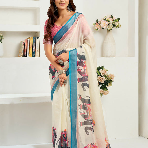 Vastranavya Cream Digital Printed Linen Ready To Wear Designer Saree with Unstitched Blouse - Distacart
