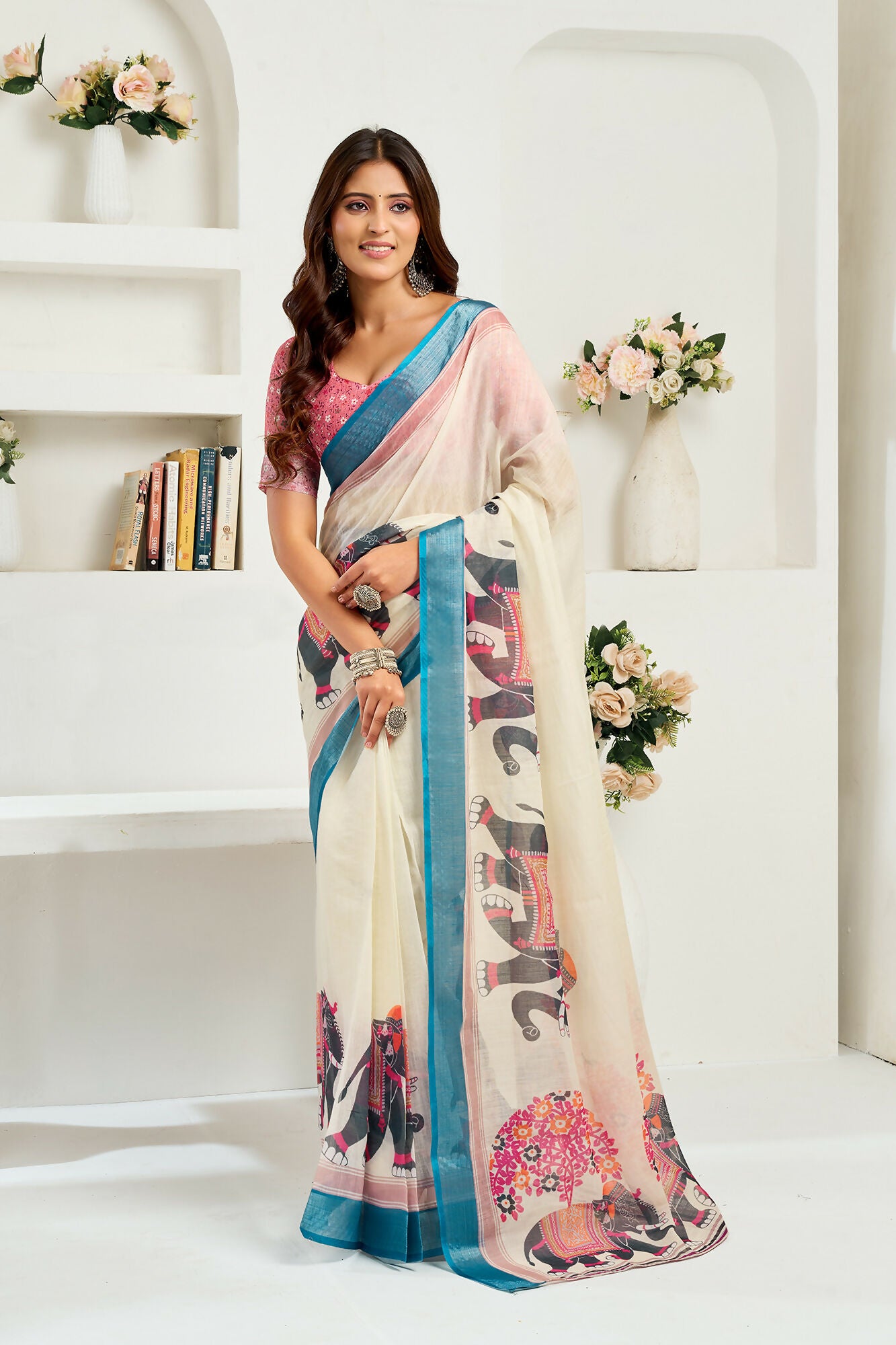 Vastranavya Cream Digital Printed Linen Ready To Wear Designer Saree with Unstitched Blouse - Distacart