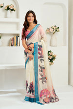 Thumbnail for Vastranavya Cream Digital Printed Linen Ready To Wear Designer Saree with Unstitched Blouse - Distacart