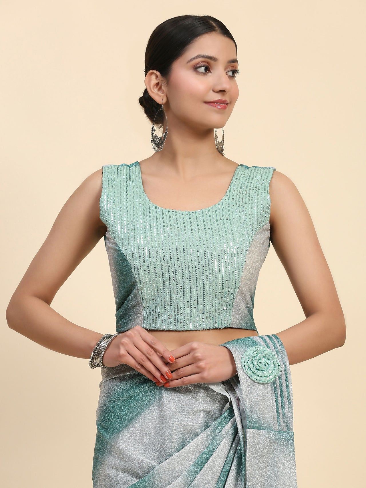 Sea Green Polyester Solid Ready to Wear Saree with stitched Blouse - Aayan - Distacart