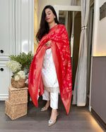 Thumbnail for The52 White Women's Beautiful Chanderi Jacquard Fabric Embroidered Work Straight Kurta Pant and Dupatta Set - Distacart