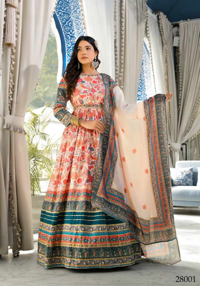 Wedding Designer Multi Soft Dola Silk Anarkali suit with Dupatta - Sanj - Distacart