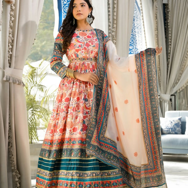 Wedding Designer Multi Soft Dola Silk Anarkali suit with Dupatta - Sanj - Distacart