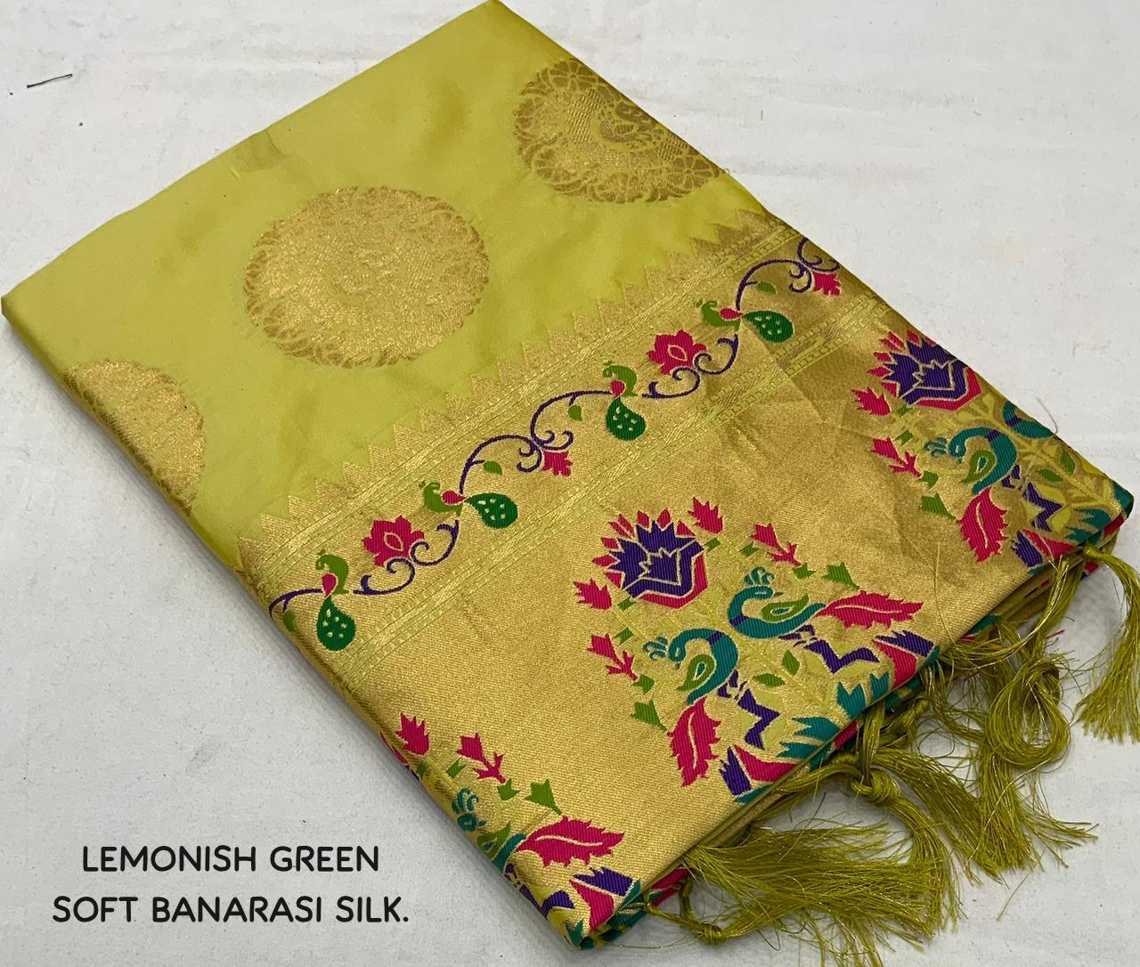 Lemon Green Pure Silk Woven Design Saree with Unstitched Blouse - Hiral Fashion - Distacart