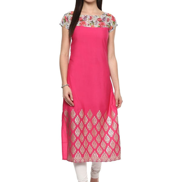 Ahalyaa Women's Pink Chanderi Printed Kurta