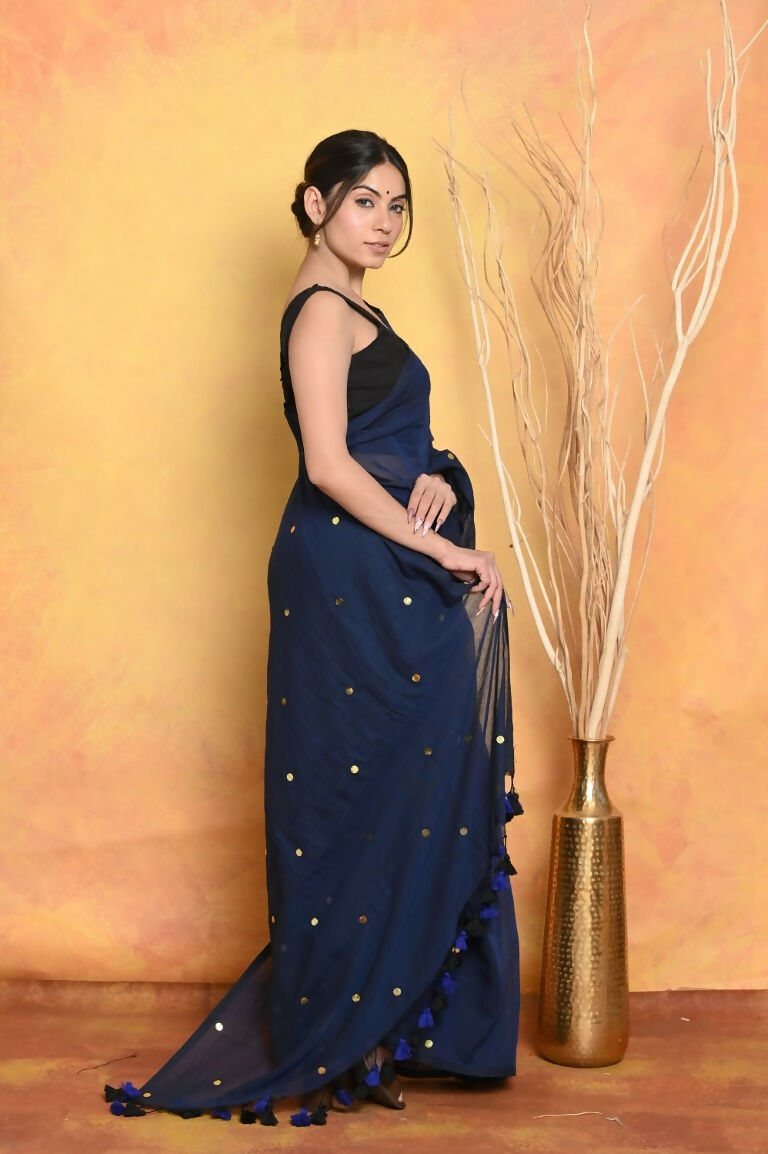 Very Much Indian Pure Mul Cotton Handloom Saree - Dark Blue - Distacart