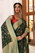 Thumbnail for Joban Fashion Emerald Green Crepe Chiffon Pure Handloom Banarasi Silk Saree