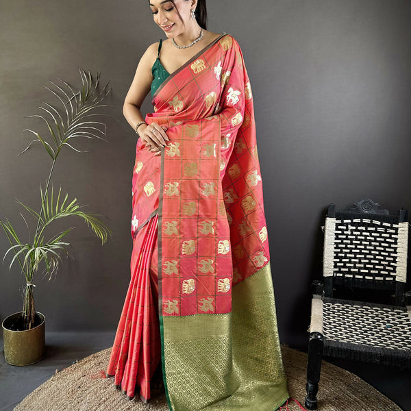 Joban Fashion Orange Elephant Motif Soft Silk Banarasi silk Saree - Distacart