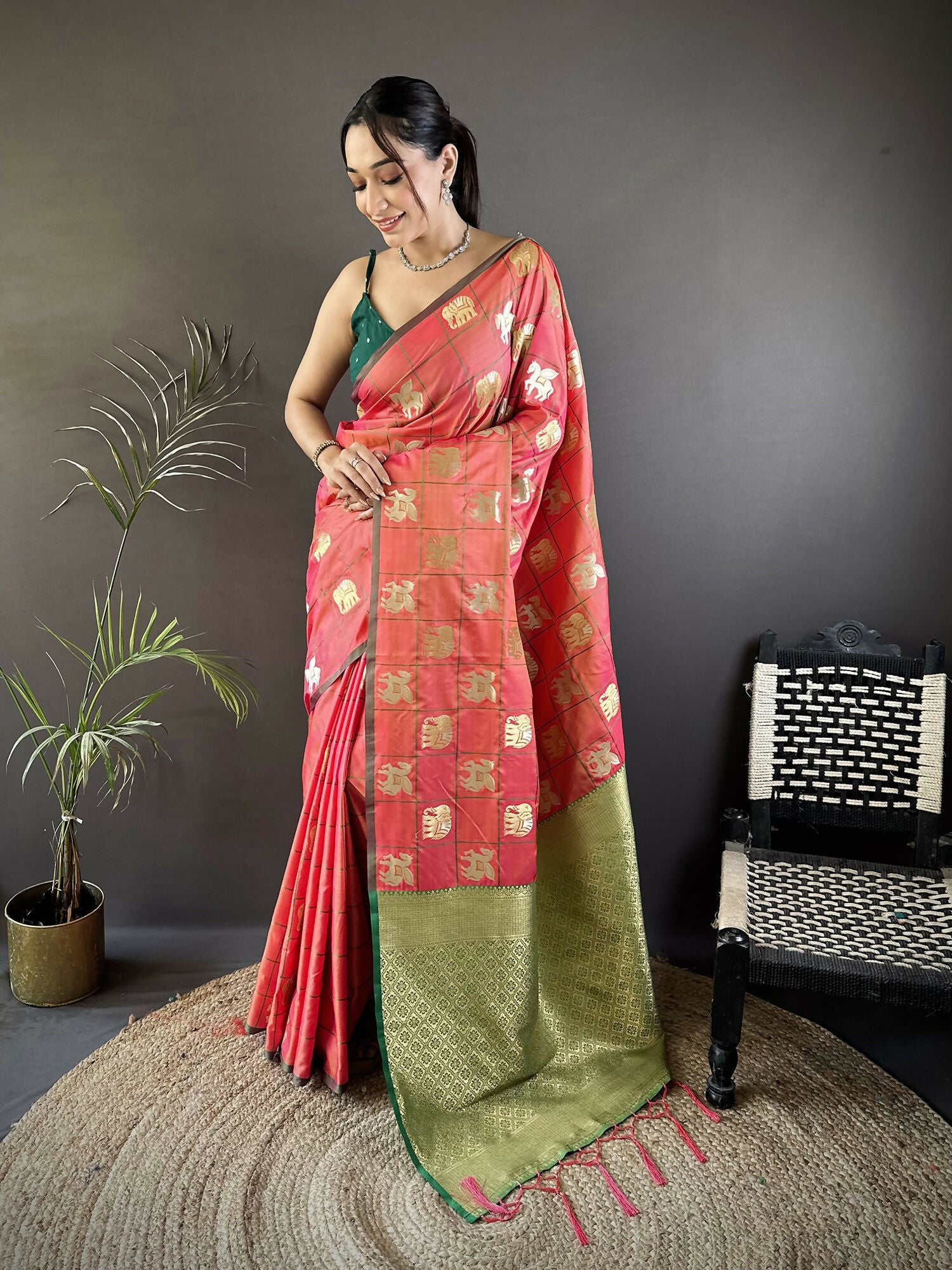 Joban Fashion Orange Elephant Motif Soft Silk Banarasi silk Saree - Distacart