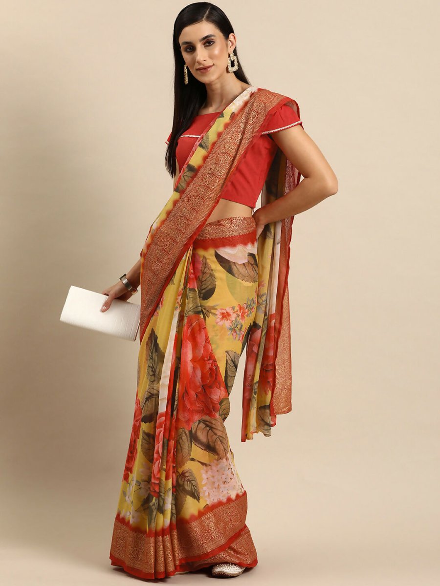 Ahalyaa Women's Traditional Semi Stitch Saree - Yellow - Distacart