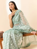 Thumbnail for Green Organza Floral Embroidered Saree with Unstitched Blouse Piece - Roozal - Distacart