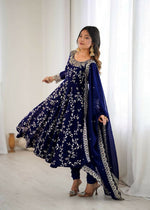 Thumbnail for Teeya Creation Blue Color Heavy Faux Georgette Embroidery Work Gown