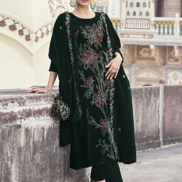 Jyoti Fashion Women's Green Velvet Resham Thread with Jari & Sequin Kurta with Trouser & Dupatta - Distacart