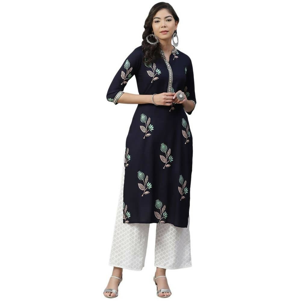 Anubhutee Women's Rayon Embroidered Navy Blue Kurta with Palazzos - Distacart