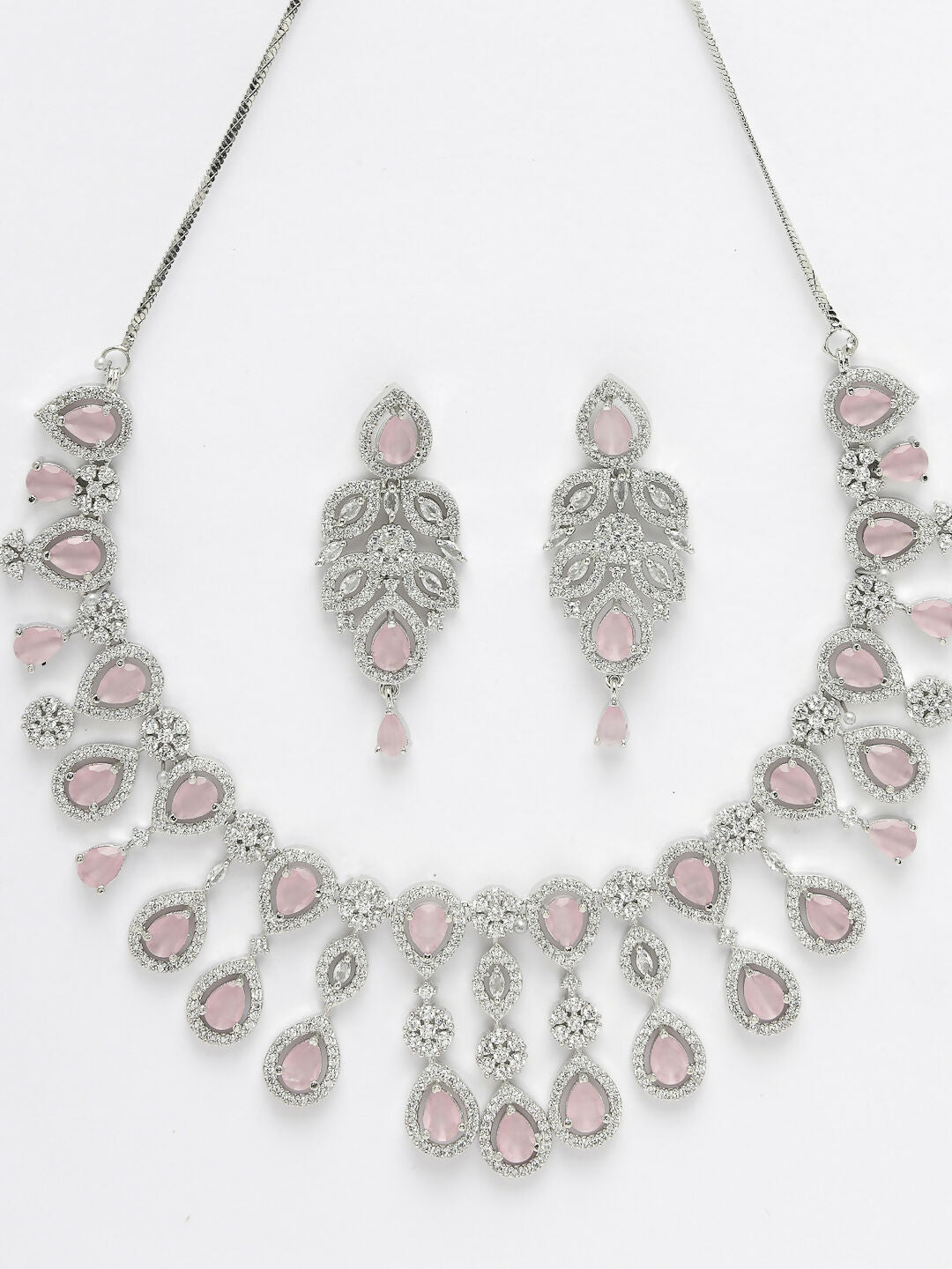 NVR Women's silver plated & Pink CZ stone handcrafted jewellery set - Distacart