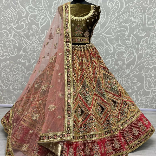 Jyoti Fashion Women's Pista Green Velvet Golden Gotta, Multi Thread Embroidered with Diamond Work Wedding Lehenga Choli - Distacart