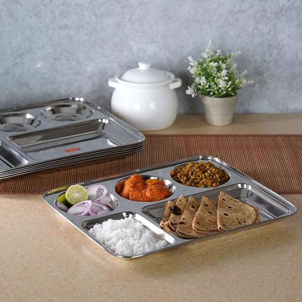 Sumeet Stainless Steel Rectangular 5 in 1 Compartment Lunch/Dinner Plate - small - Dista